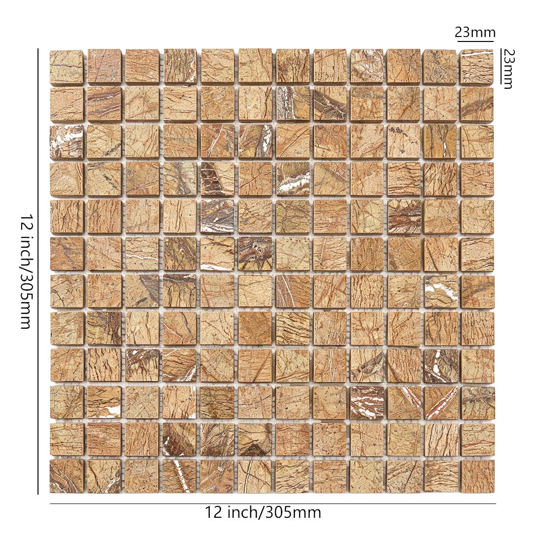 Beige and brown square marble mosaic tile sheet with 12 inch dimensions