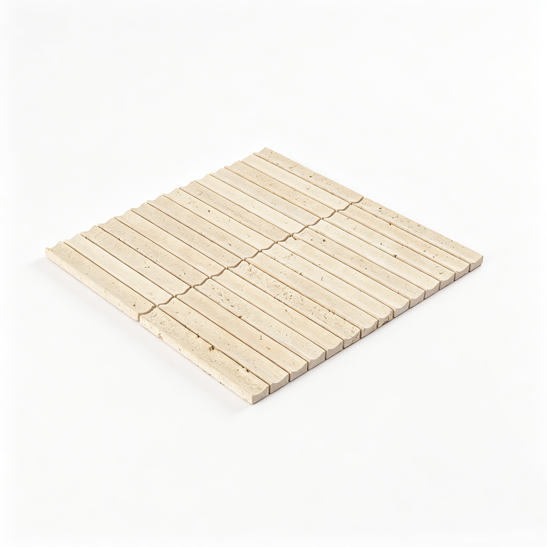 Angled view of beige fluted travertine linear tile.
