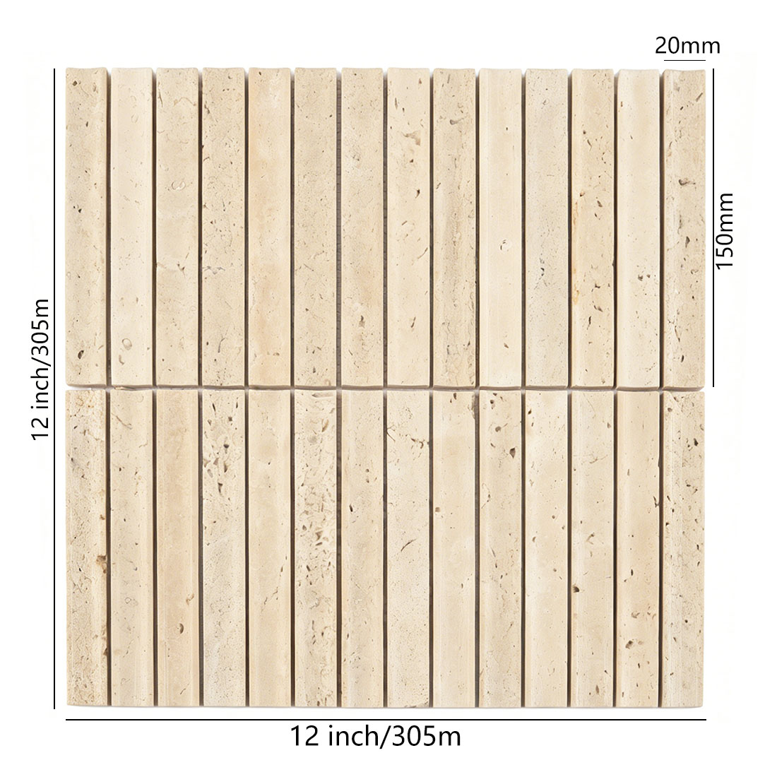 Dimensions of beige fluted travertine linear tile.