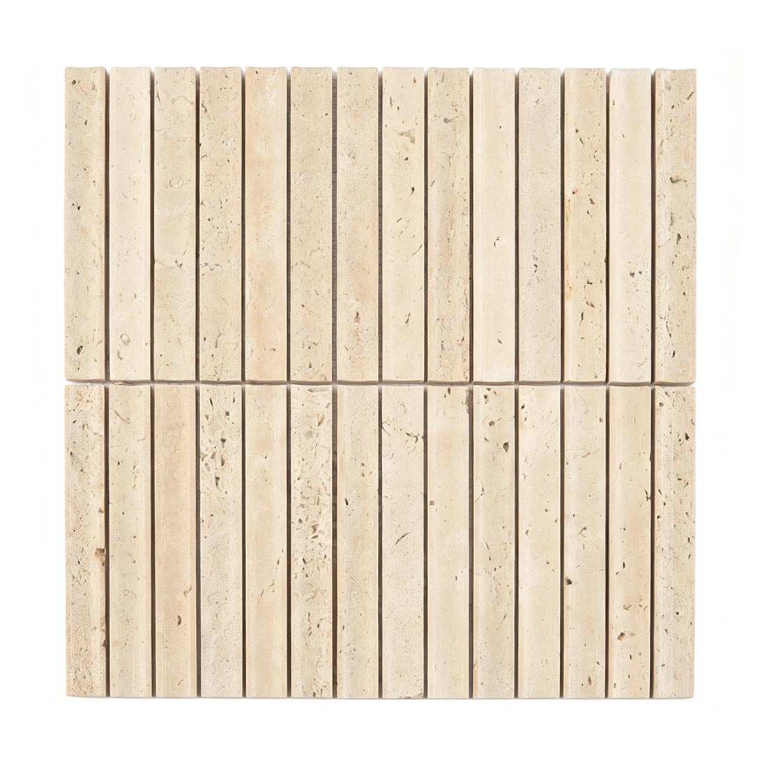 Front view of beige fluted travertine linear tile.