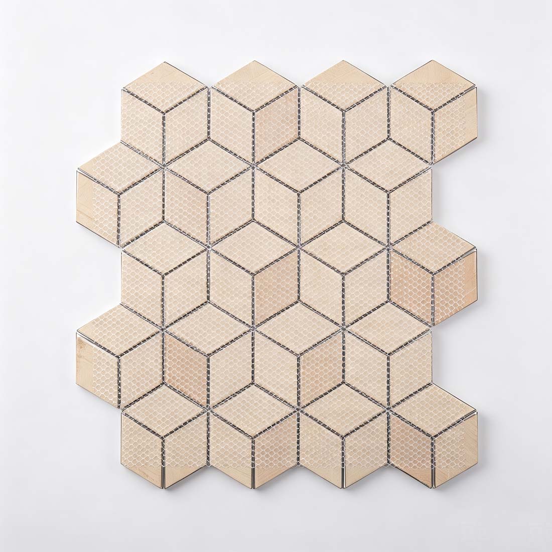 Back view of beige gold aluminum cube mosaic tile sheet with mesh backing