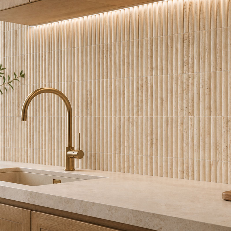 Close-up of beige fluted kitchen tiles in a modern warm interior