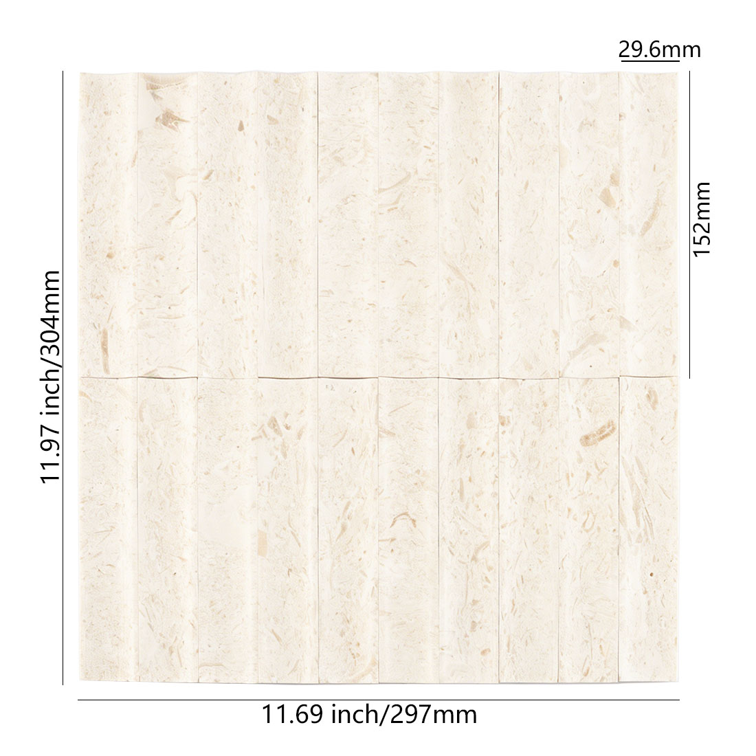 Technical dimensions of beige limestone fluted wave tile for seamless installation.