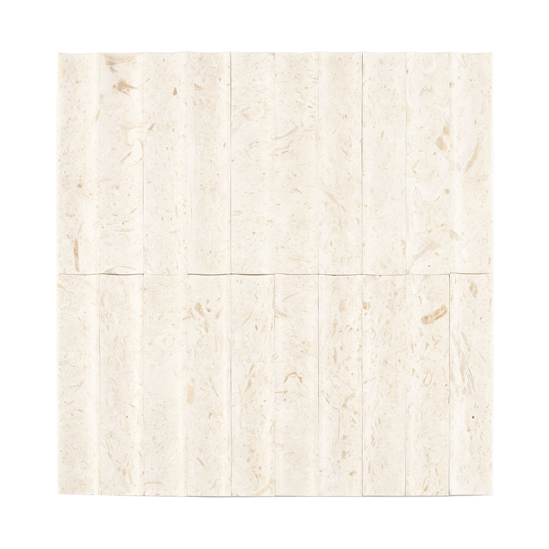 Front view of seamless beige limestone fluted wave mosaic tile.