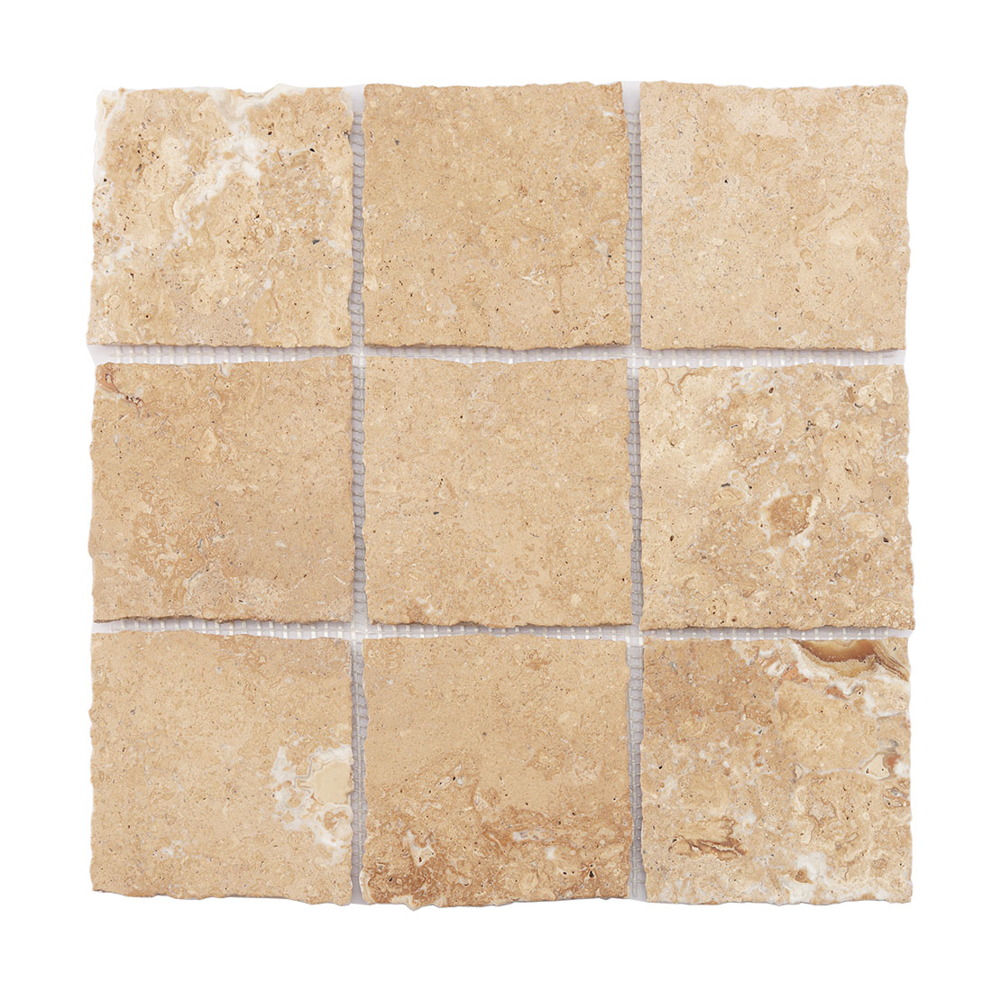 Front view of beige limestone square mosaic with visible grout joints