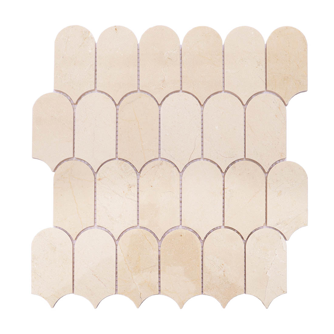 Full sheet of cream beige marble fan shaped fish scale mosaic tile