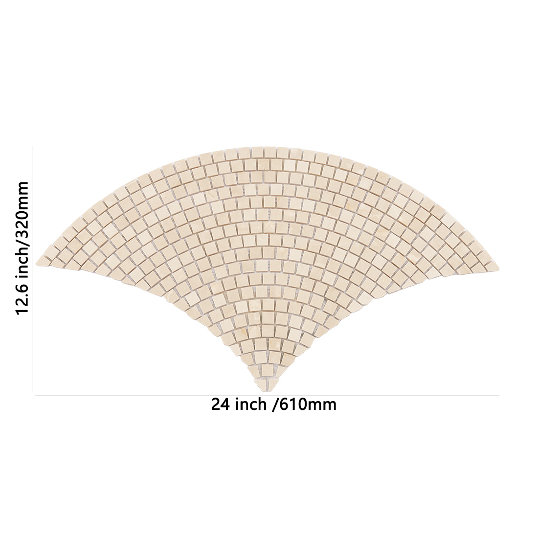 Beige marble fan-shaped square mosaic tile sheet with size markings