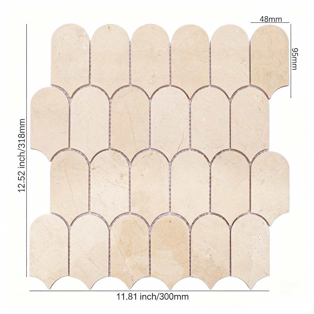 Beige marble fish scale mosaic tile sheet with detailed dimension lines
