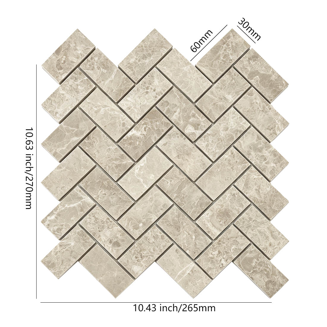 Beige marble herringbone mosaic tile sheet with size measurements