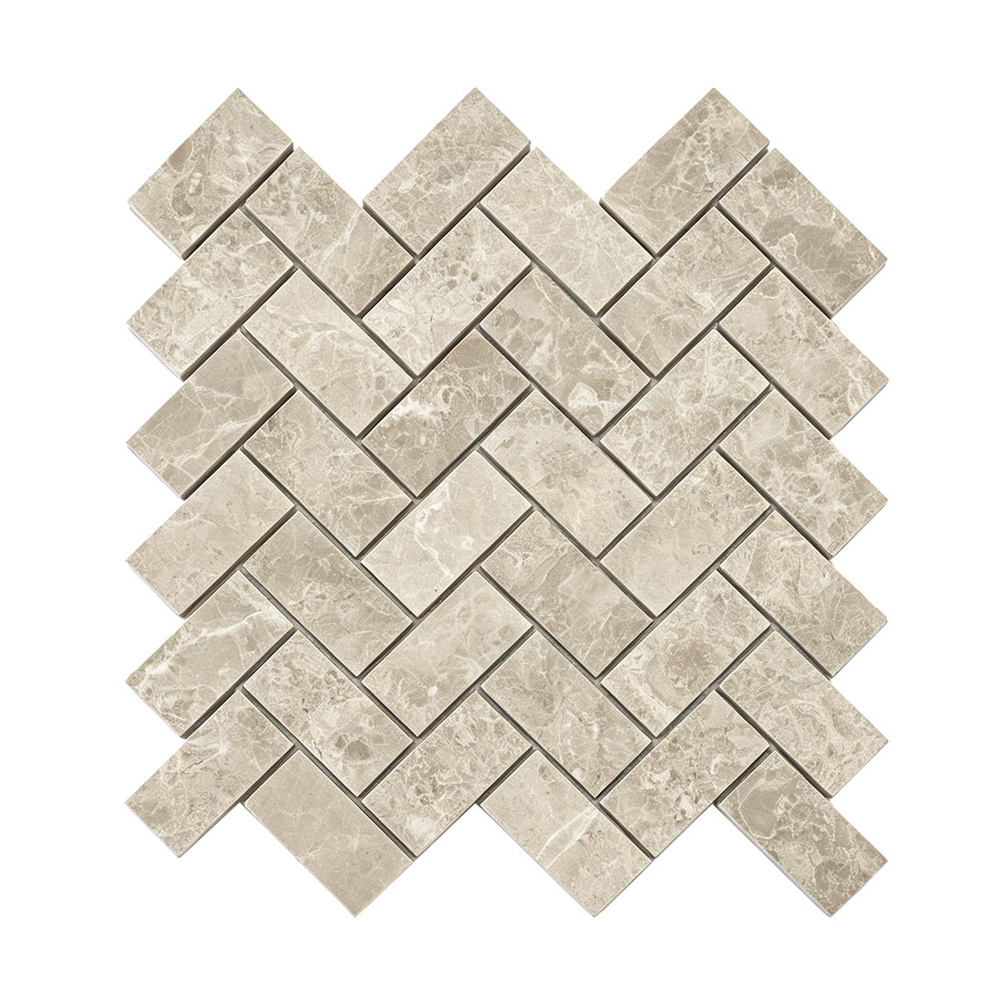 Full sheet of beige marble herringbone mosaic tile
