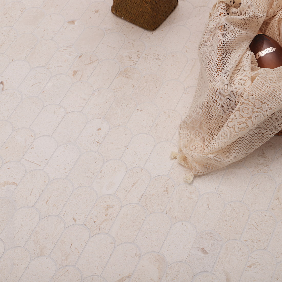 Beige marble scallop mosaic tile floor styling scene