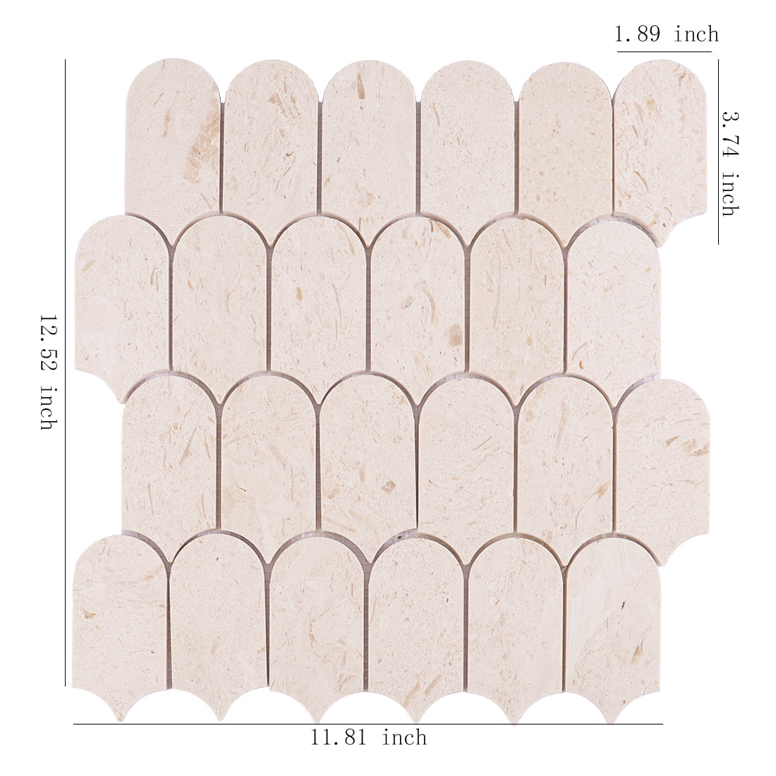 Beige marble scallop mosaic tile sheet with size details