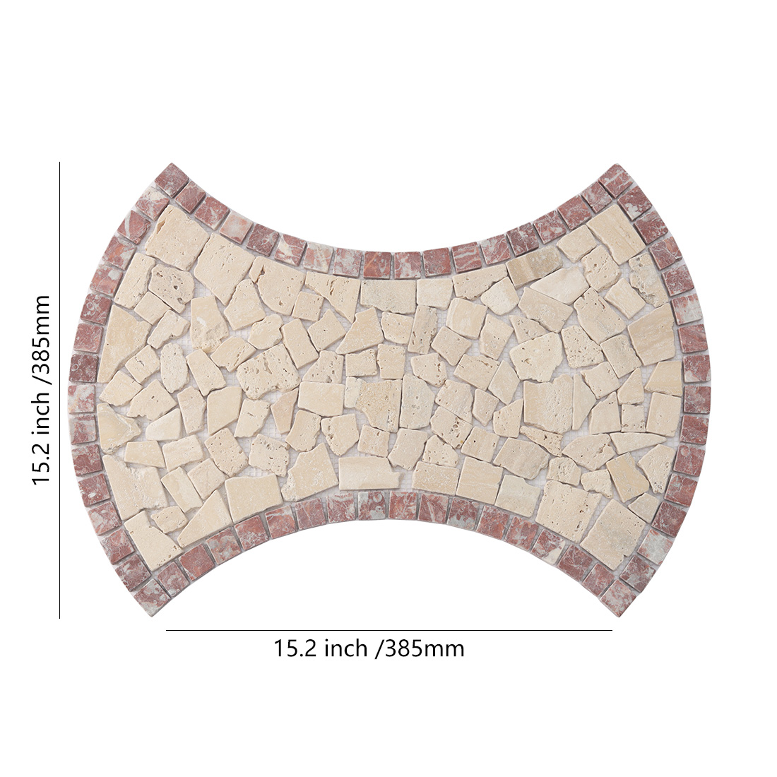 Dimensions of beige and red tumbled irregular marble mosaic.