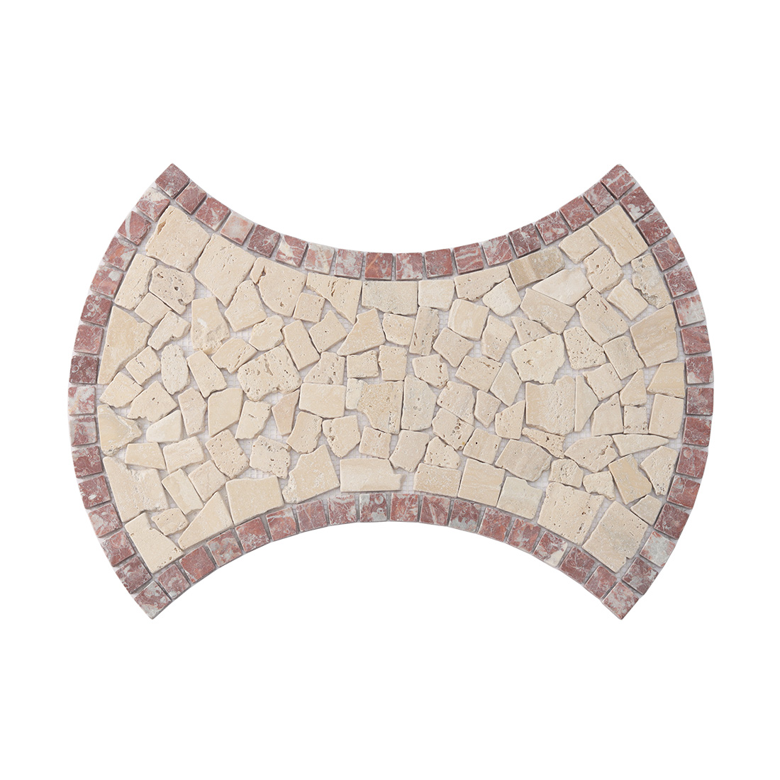Front view of beige and red tumbled irregular mosaic tile.