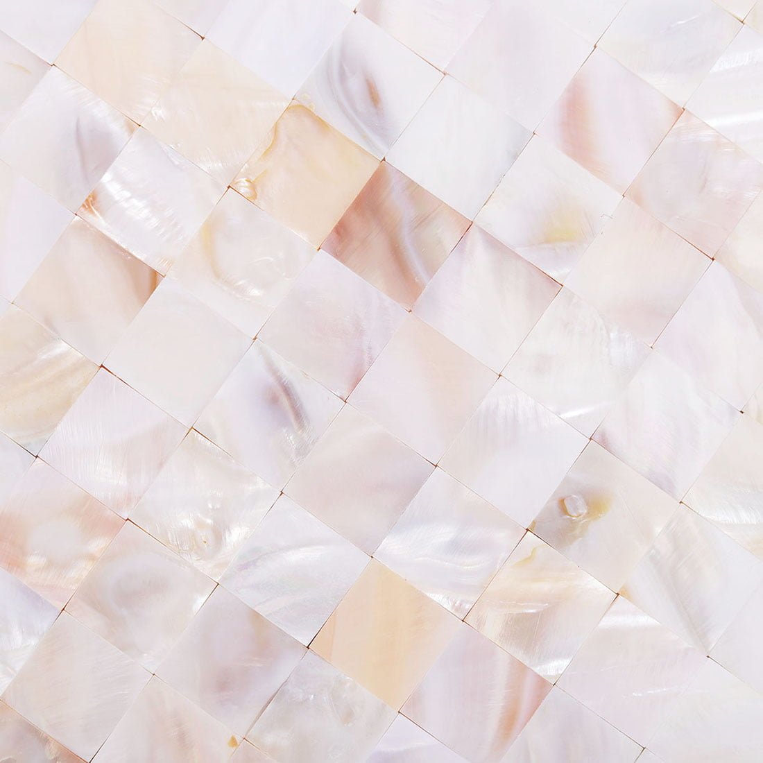 Detailed close-up of beige shell mosaic tiles with natural nacre patterns and soft iridescent surface.
