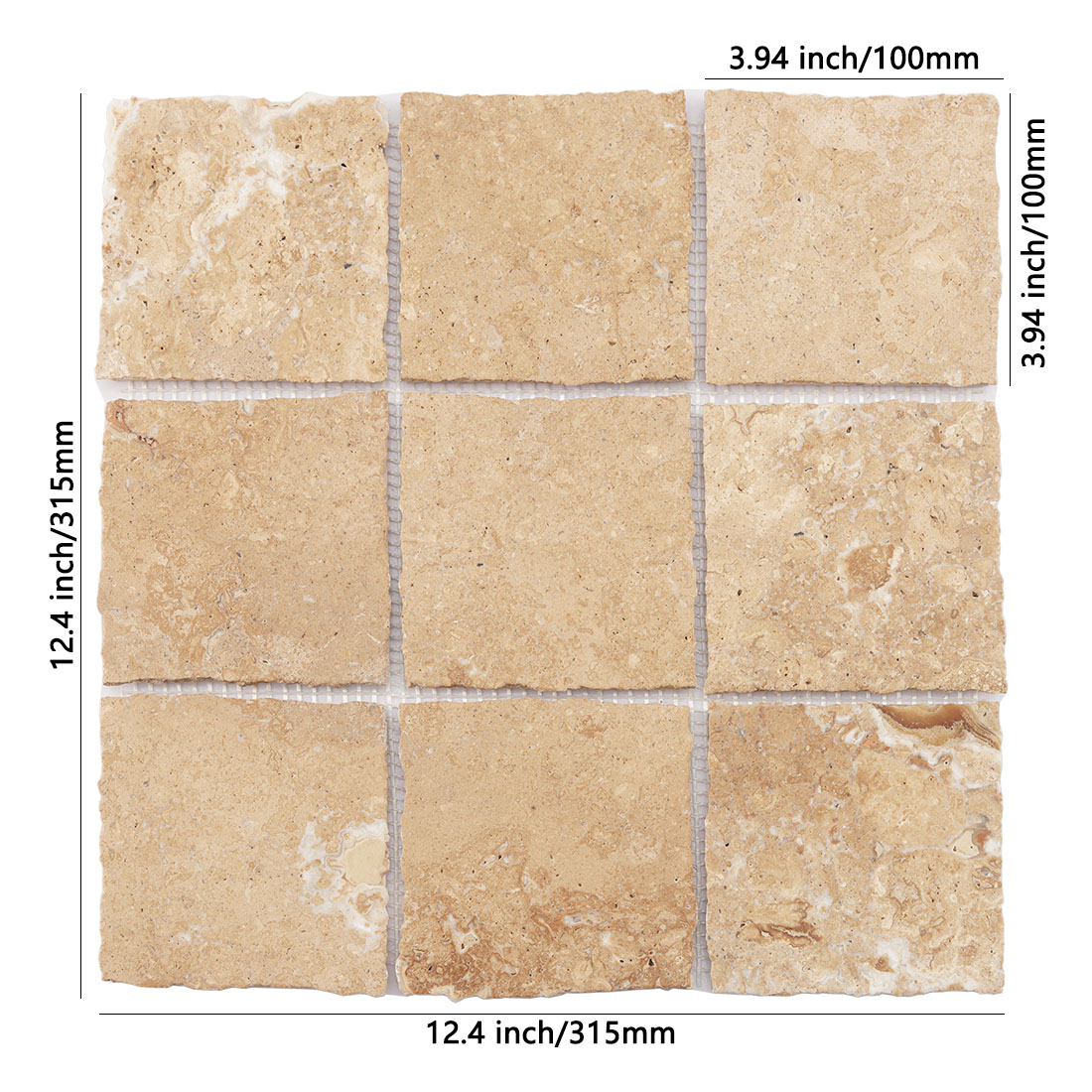 Beige square limestone mosaic tile sheet with natural textured surface