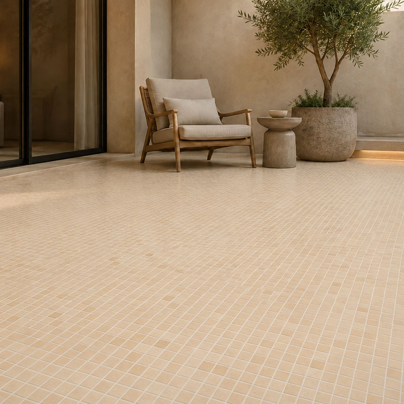 Beige stone mosaic floor tiles in a modern patio seating area