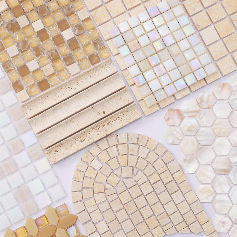 Beige tiles featuring natural marble, iridescent glass, and mother of pearl mosaic textures.