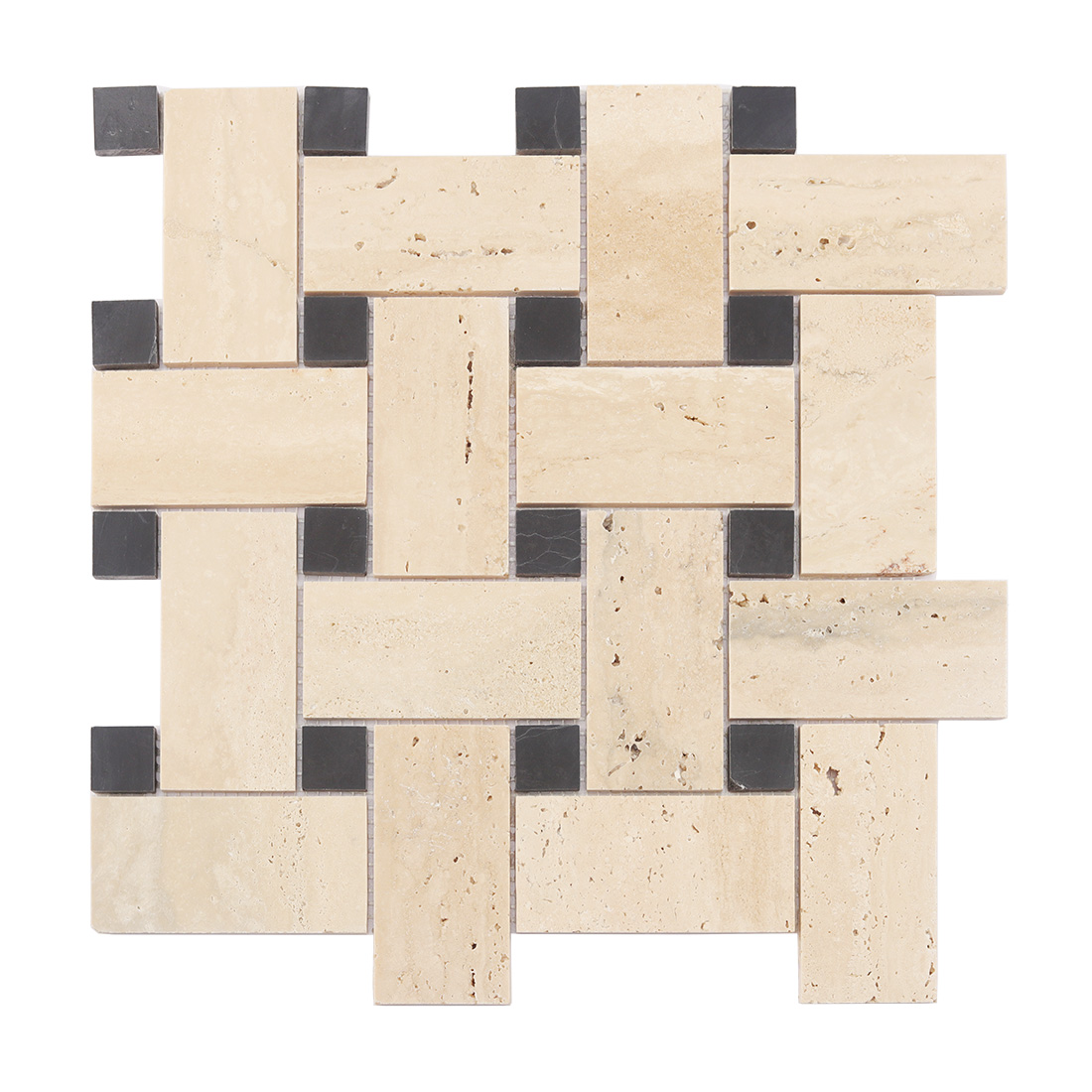 Front view of beige travertine basketweave mosaic tile with black accents