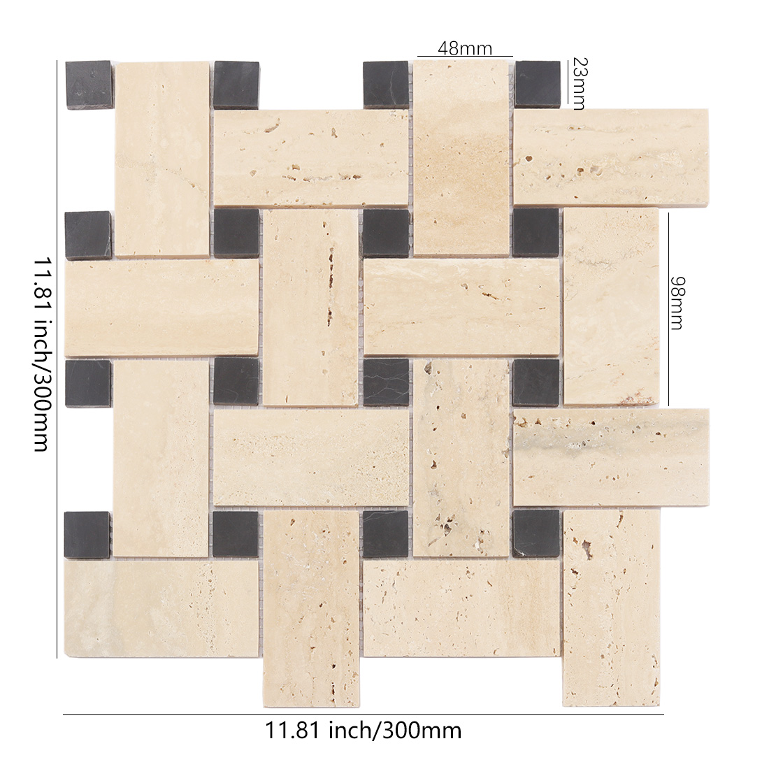 Beige travertine basketweave mosaic tile with black square inserts and size details