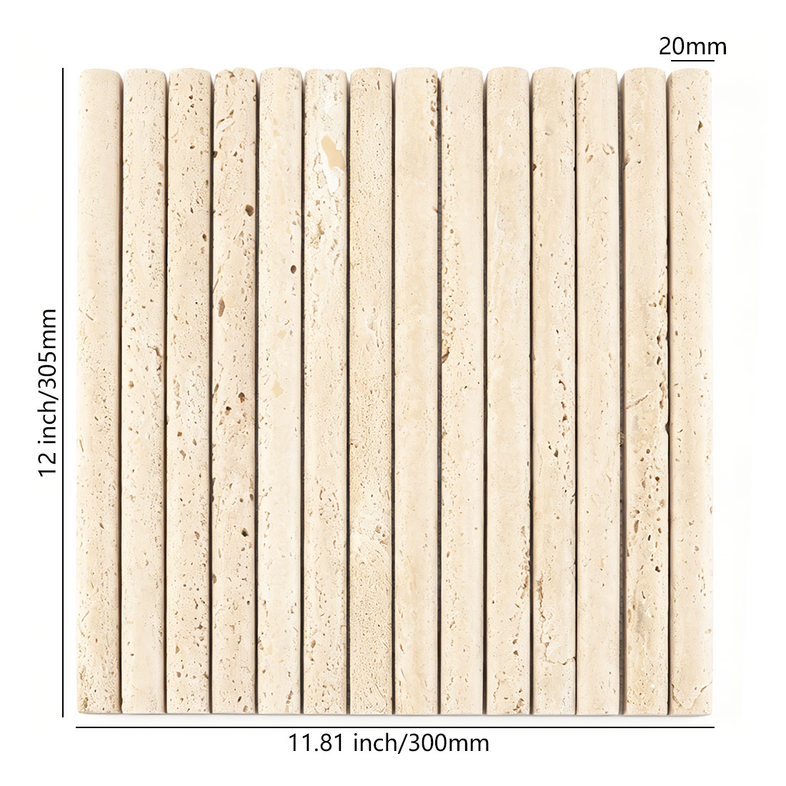 Beige travertine convex liner tile sheet with 20x305mm size guide