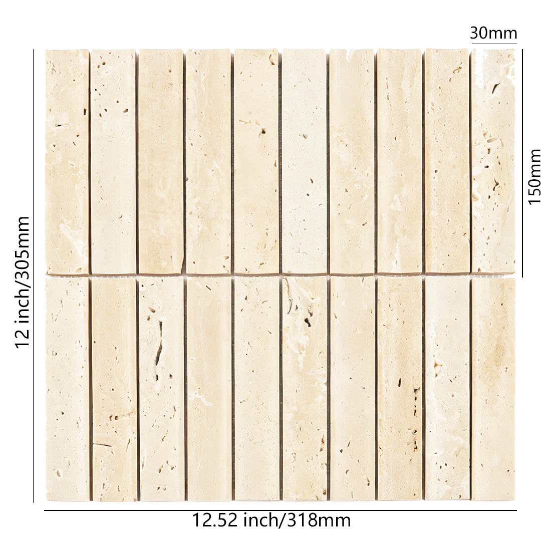 Dimensions of beige travertine fluted linear tile.