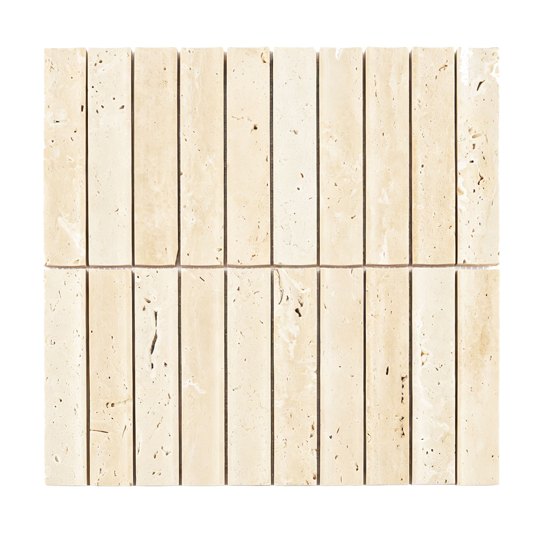 Front view of beige travertine fluted linear mosaic tile.