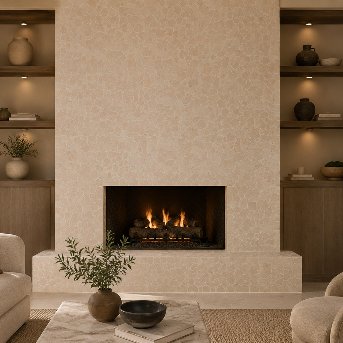 Beige travertine irregular mosaic fireplace surround in warm living room.