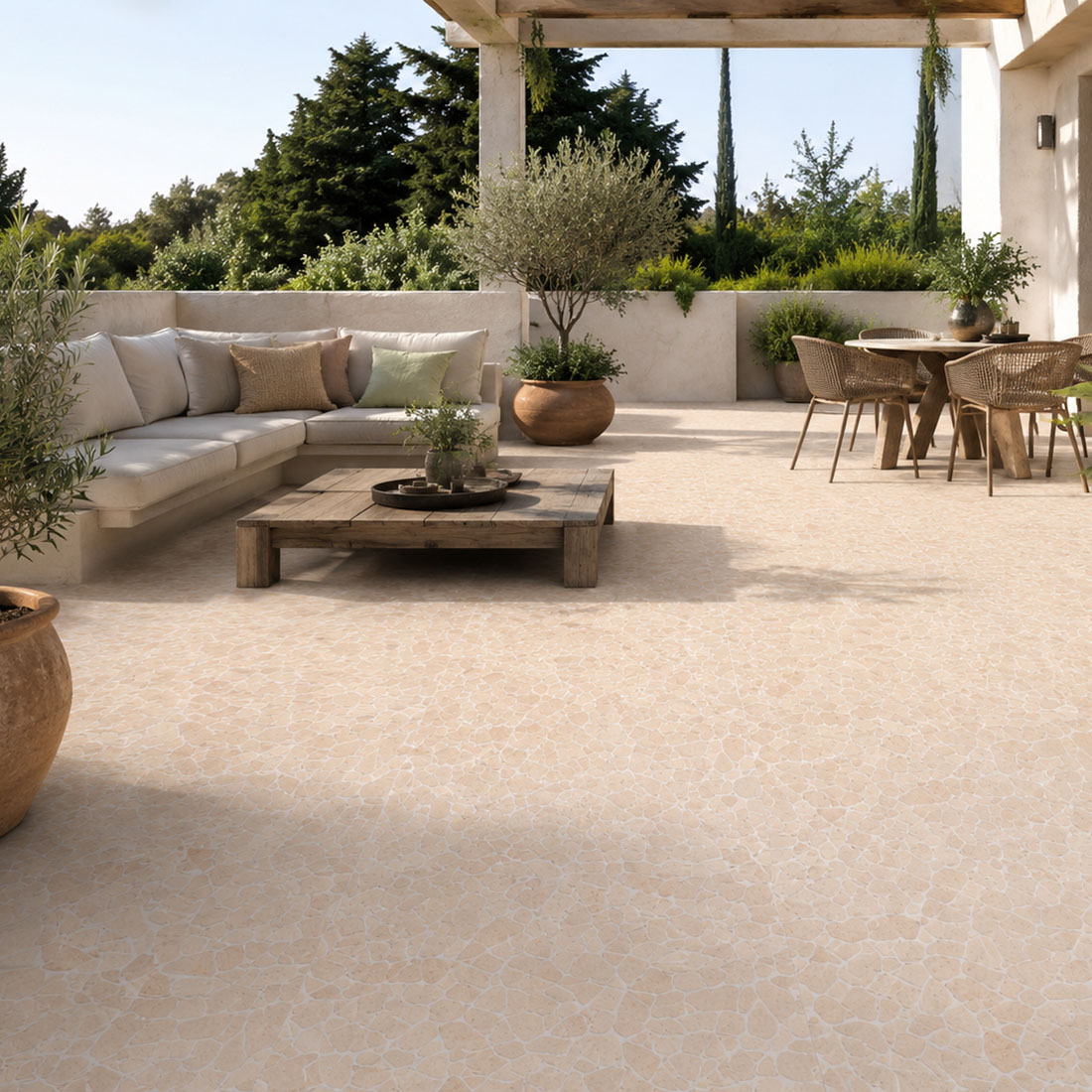 Beige travertine irregular mosaic patio floor for outdoor living space.
