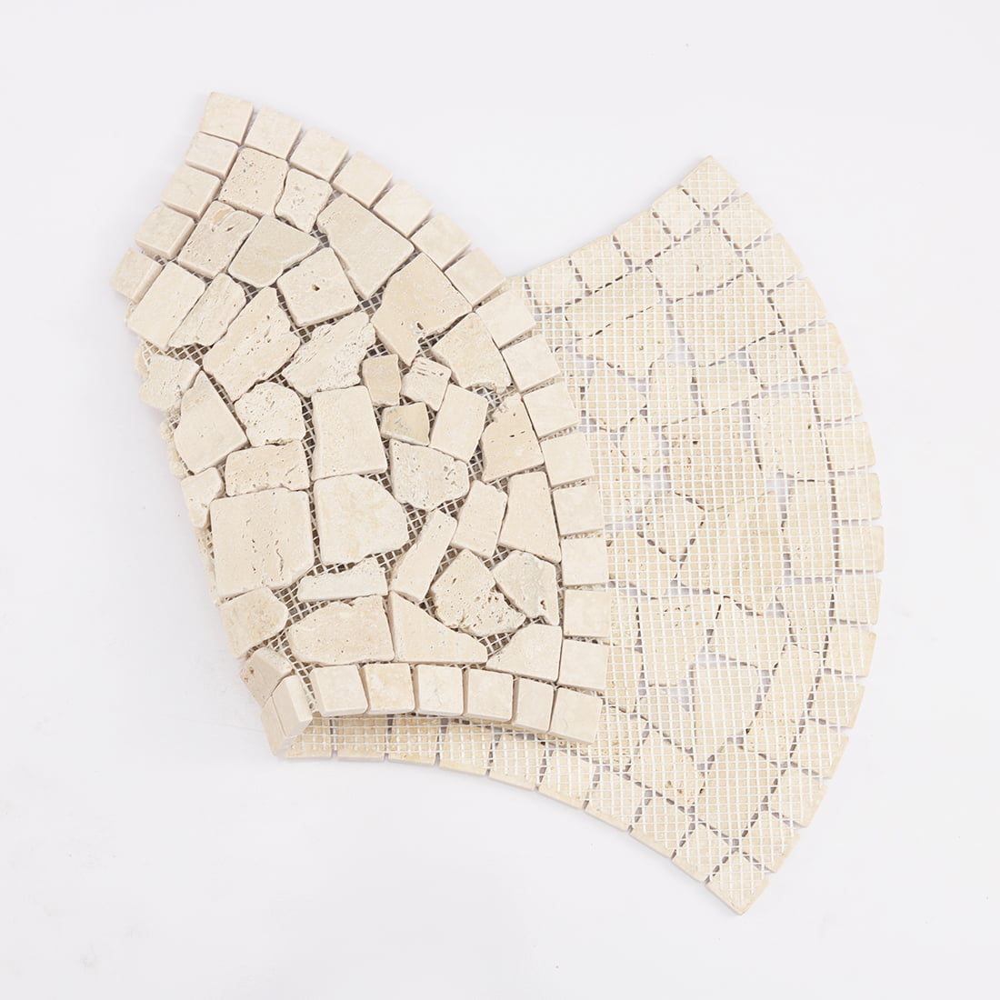 Back view of beige travertine irregular mosaic tile with mesh backing