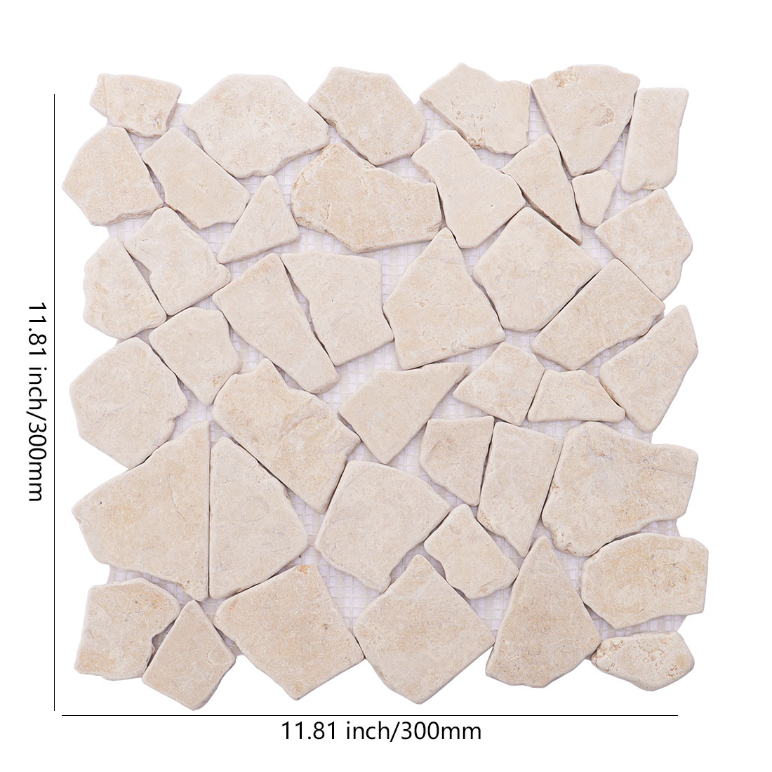 Beige travertine irregular mosaic tile sheet with natural stone texture.