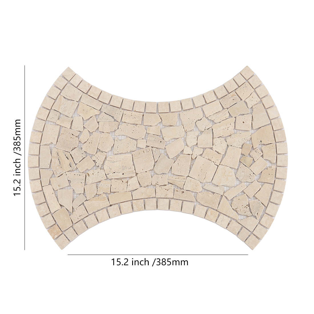 Beige travertine irregular mosaic tile with curved border and size markings