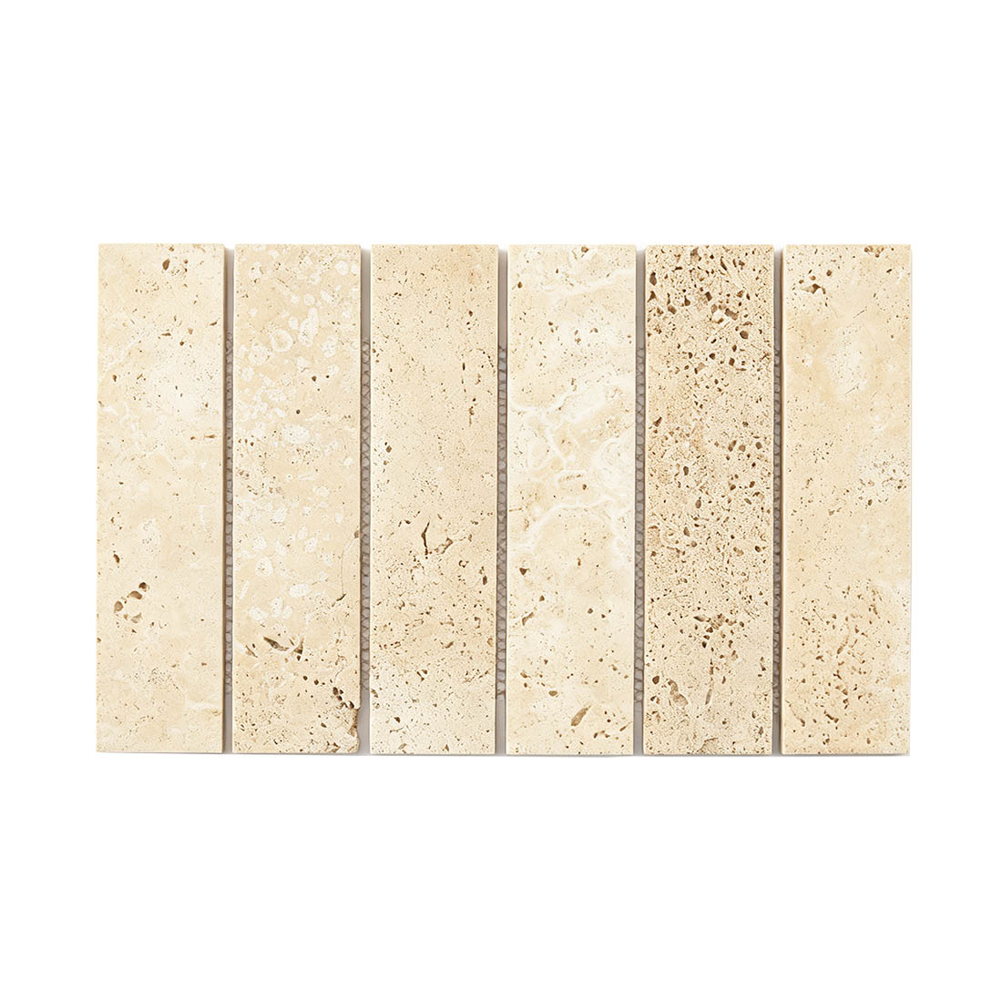 Beige travertine linear mosaic tile sheet front view