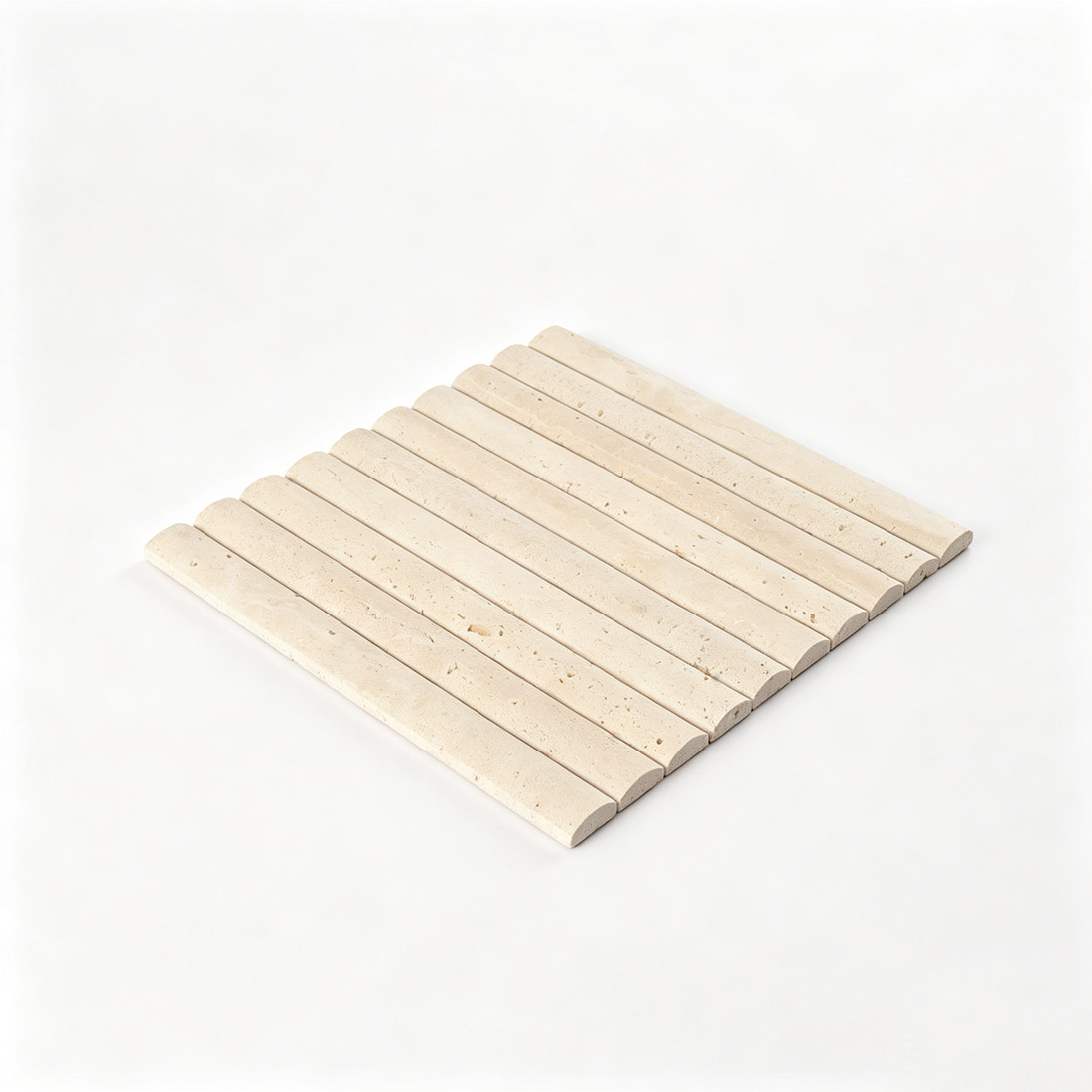 Angled sheet view of beige travertine linear plank tile with slim strips