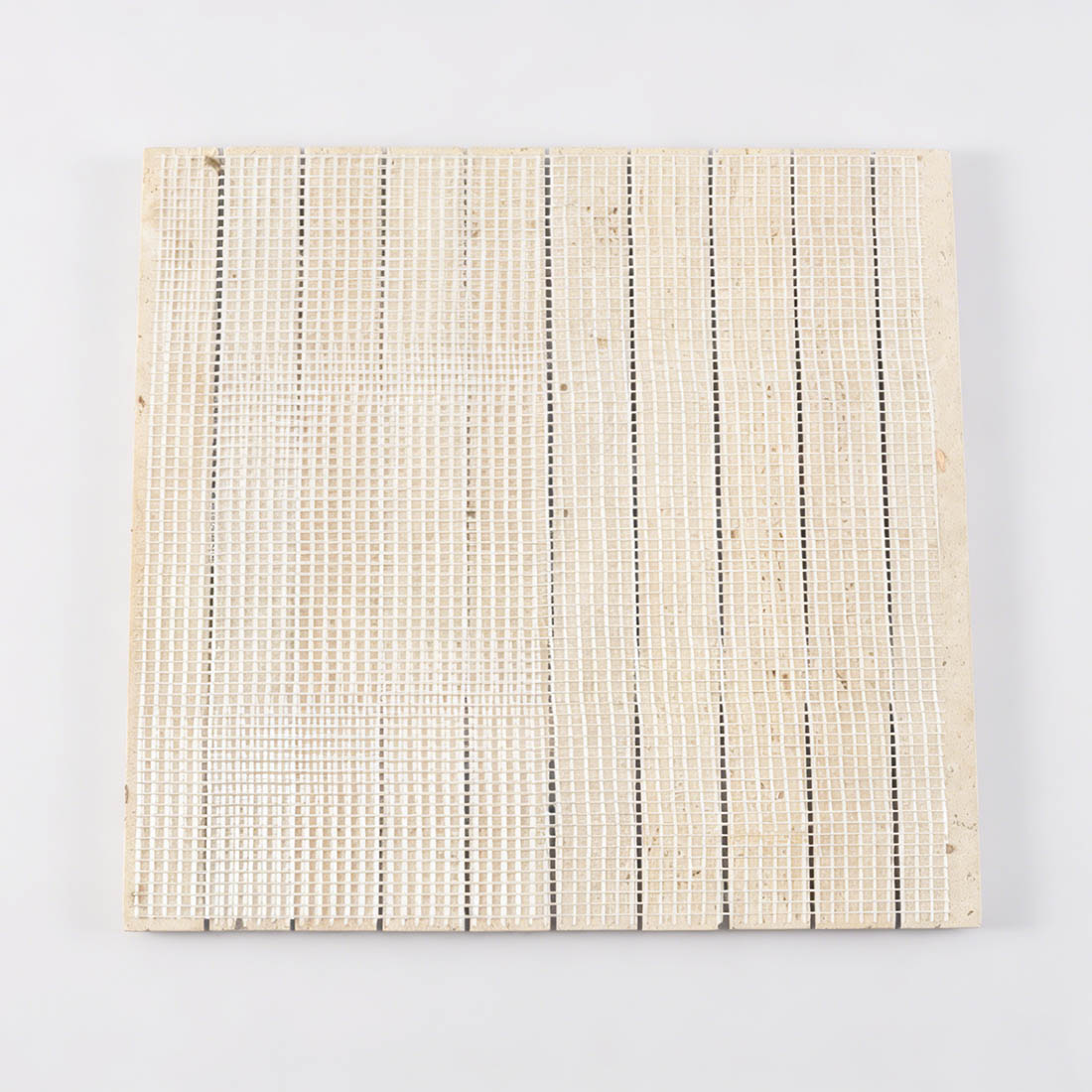 Mesh backing view of beige travertine long strip tile sheet