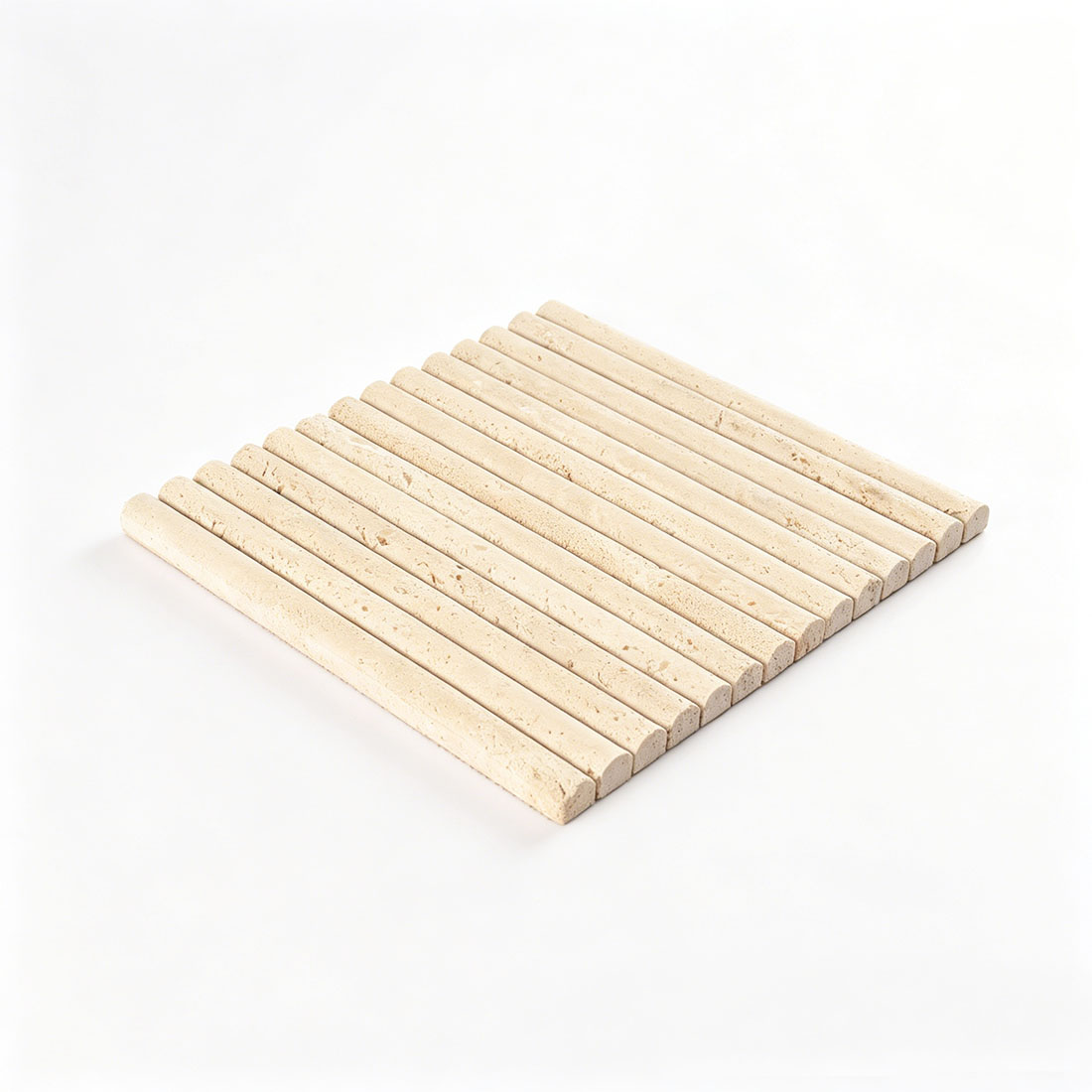 Angled sheet view of beige travertine pencil liner tile with raised strips
