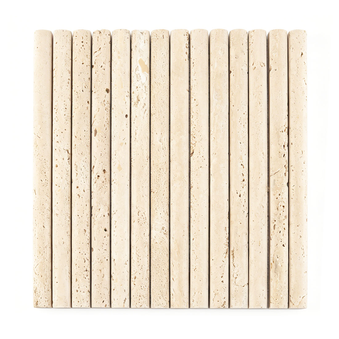 Front view of beige travertine pencil strip tile with vertical layout