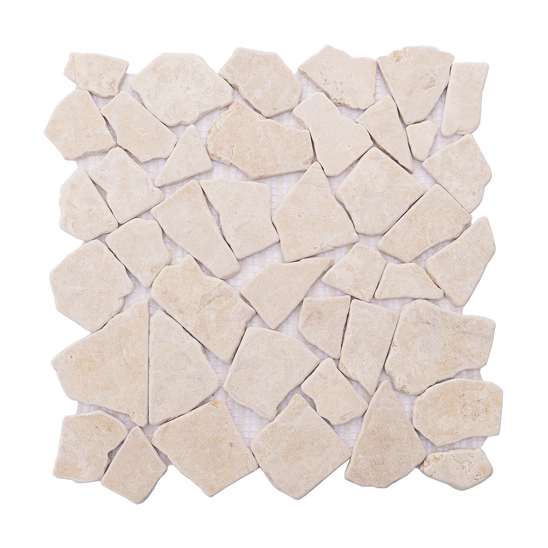 Beige travertine random stone mosaic tile full sheet display.