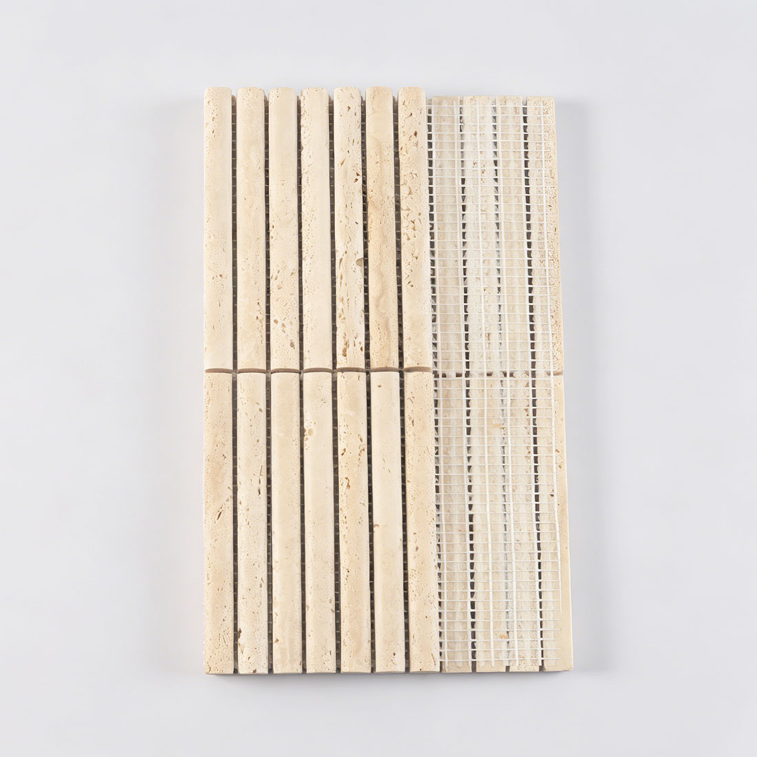 Professional mesh-mounted backing of beige travertine rod stacked mosaic.