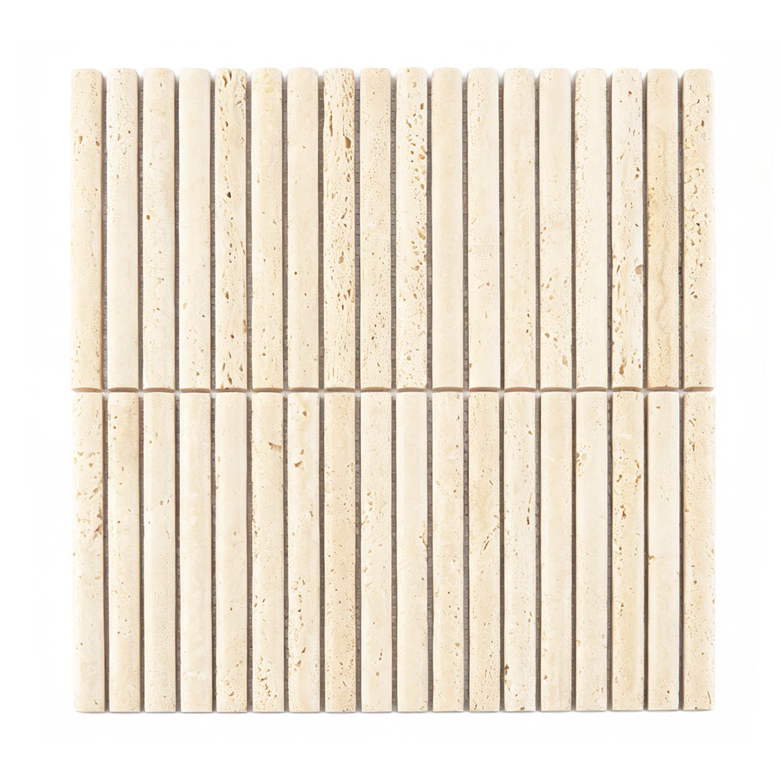Front view of elegant beige travertine rod fluted stacked mosaic.