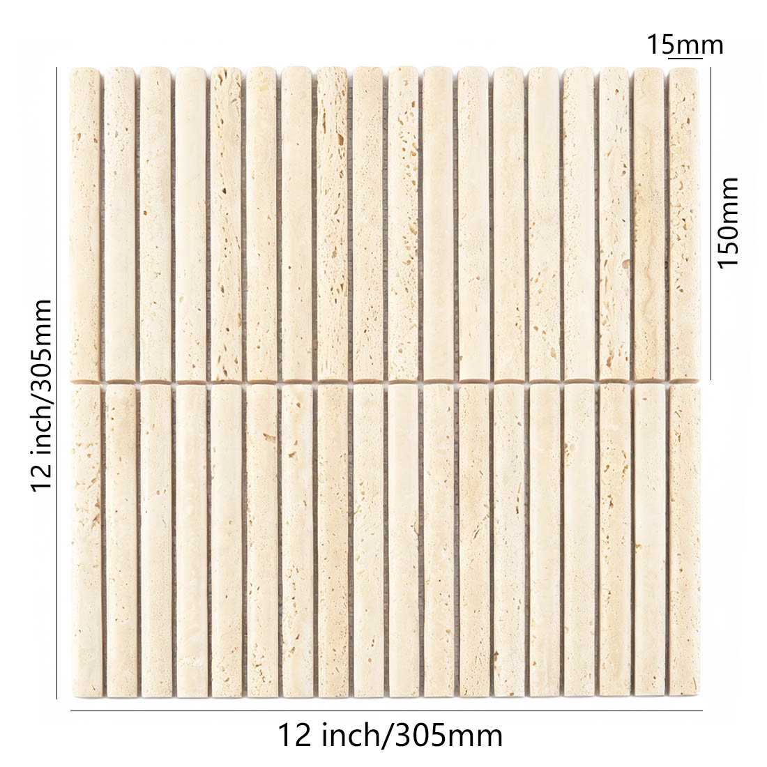 Dimensions of beige travertine rod fluted stacked mosaic tile.