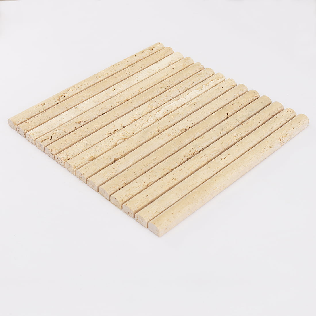Perspective view of beige travertine rounded strip mosaic tile sheet