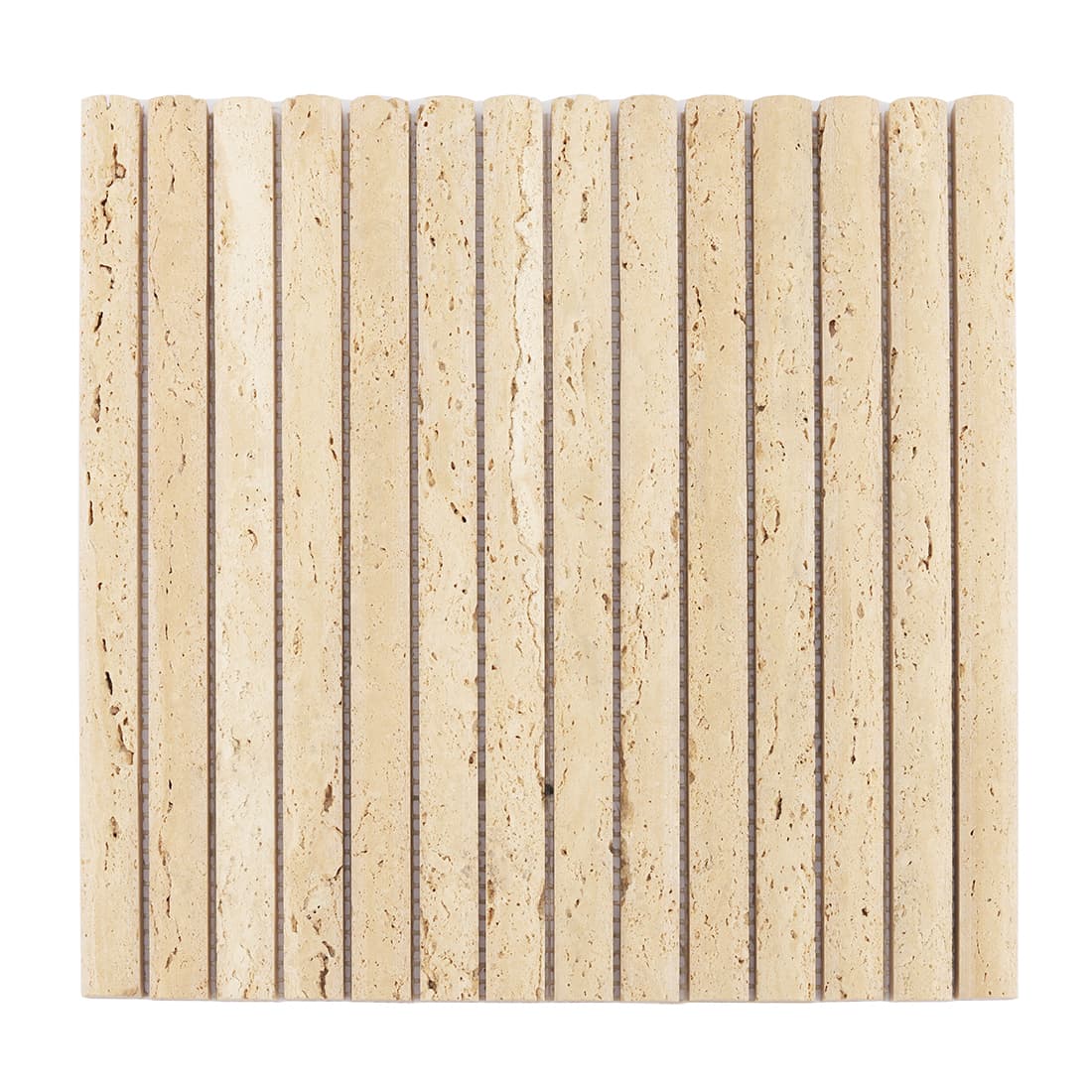 Full sheet of beige travertine rounded strip mosaic tile