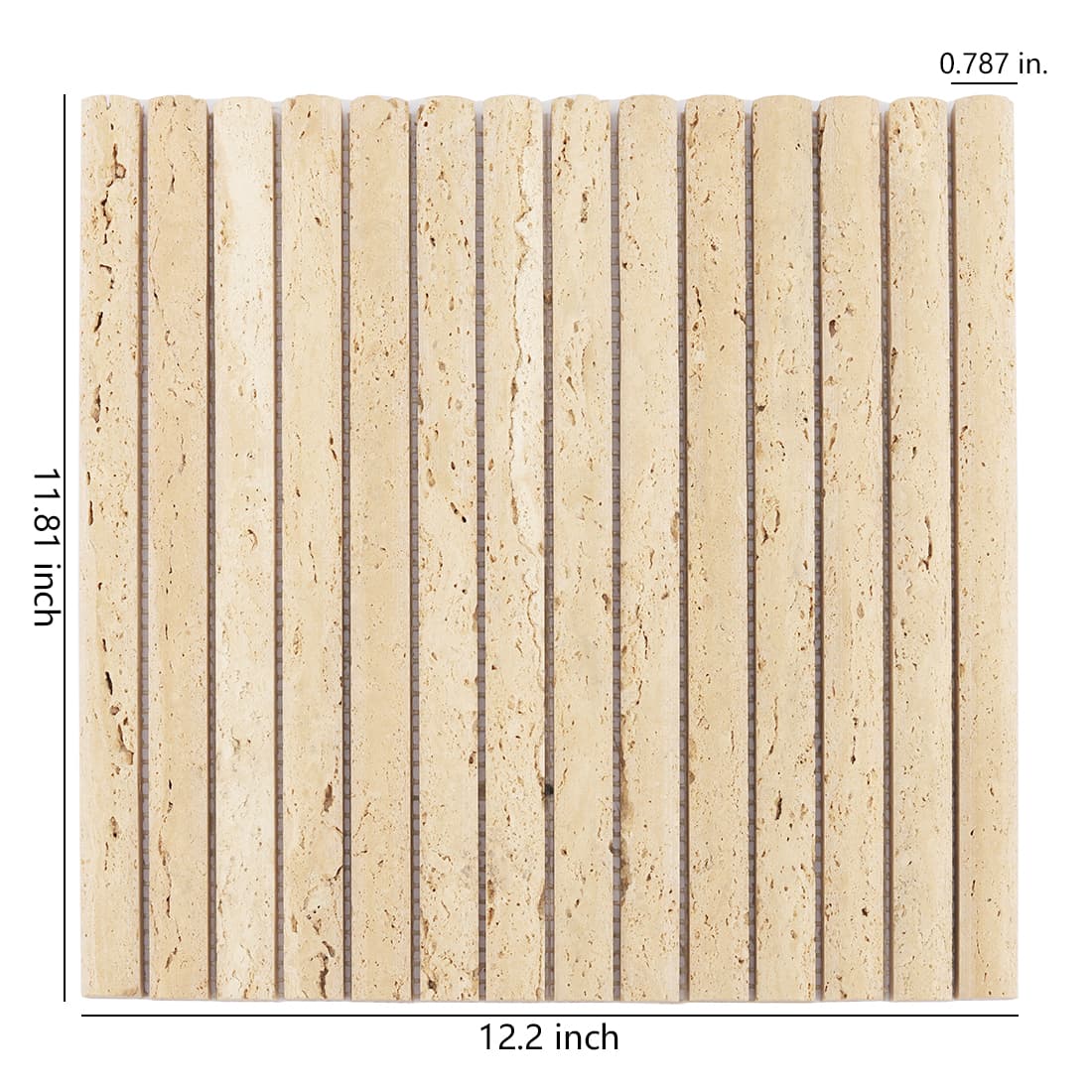 Beige travertine rounded strip mosaic tile sheet with size details