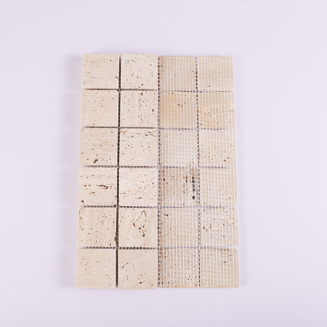 Back mesh view of beige travertine square mosaic tile sheet