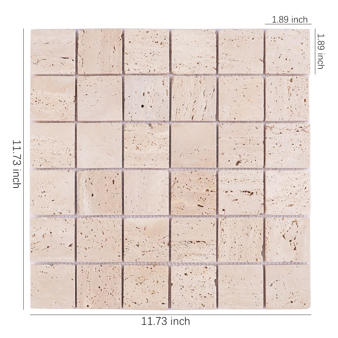 Beige travertine square mosaic tile sheet with size markings