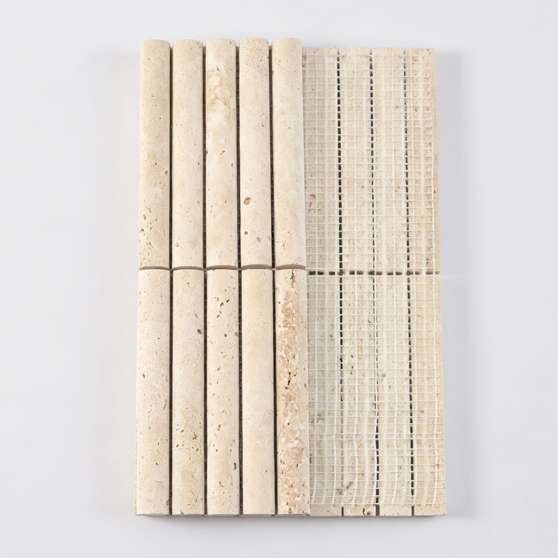 Professional mesh-mounted backing of beige travertine tubular mosaic.