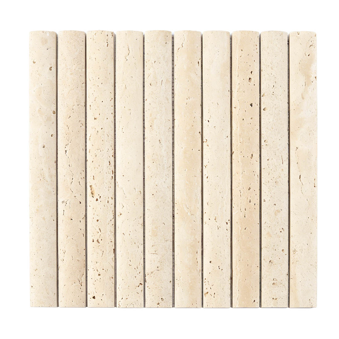 Front view of beige travertine vertical plank tile with natural pores