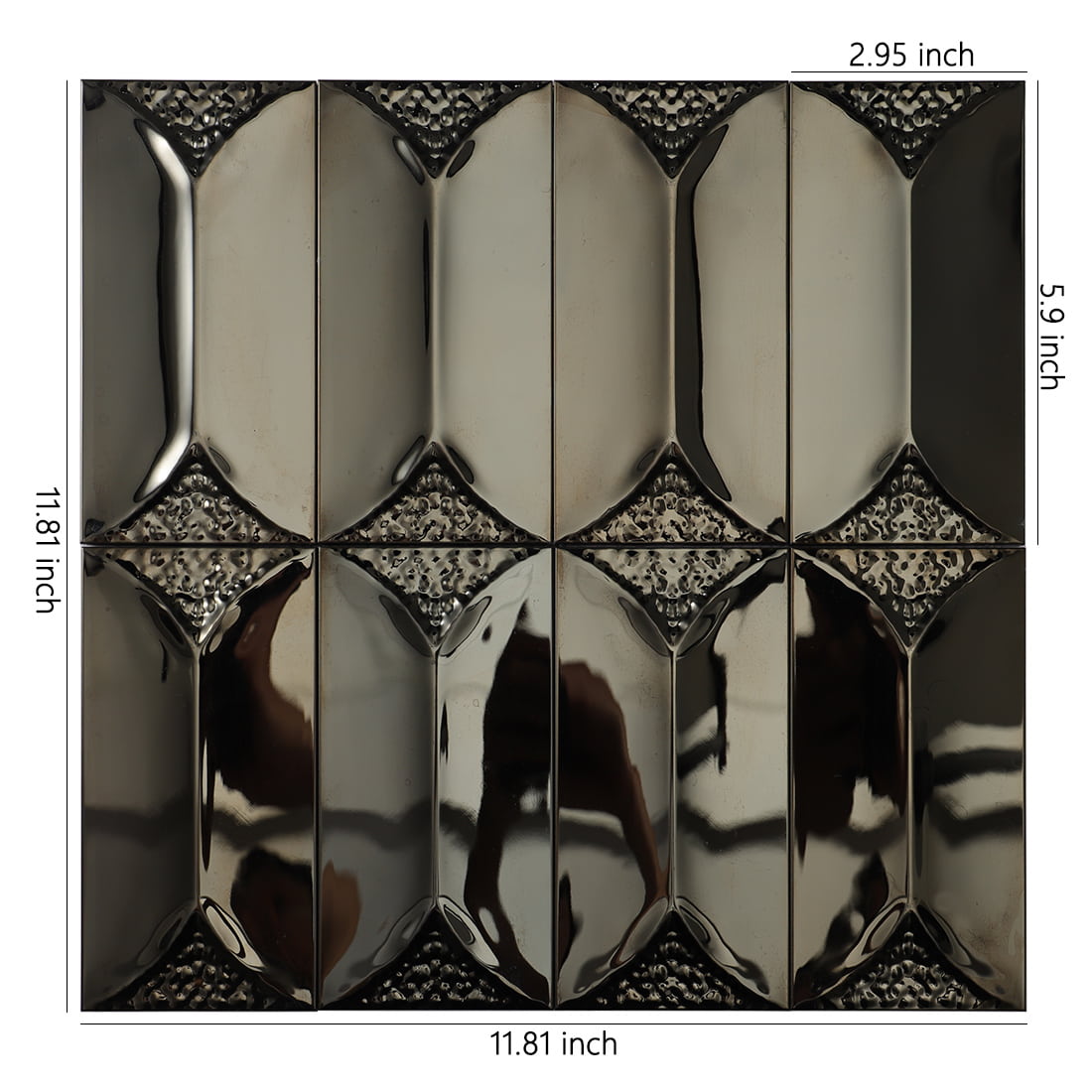 Front view of black 3D beveled metal mosaic tile with dimensions.