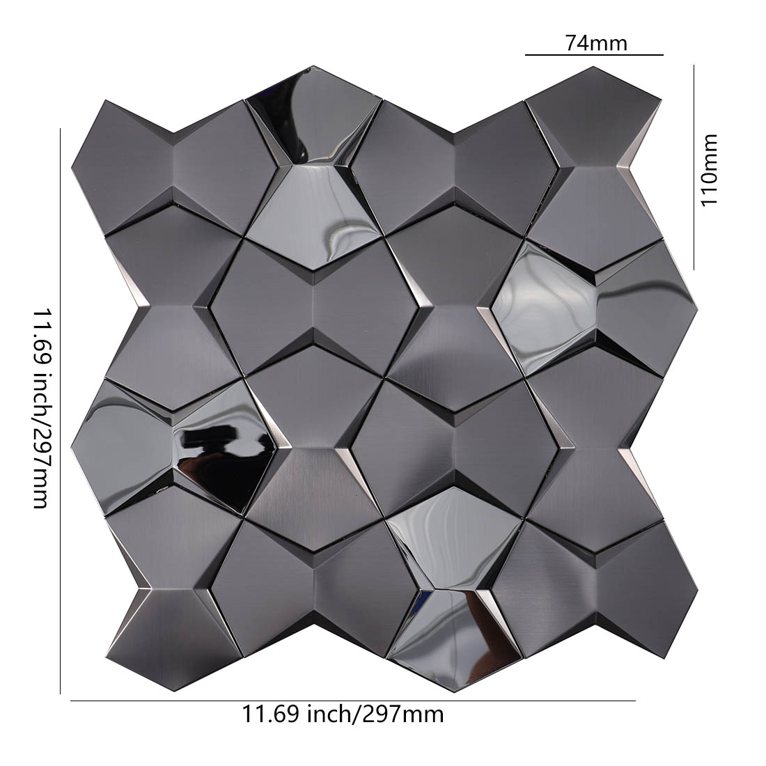 3D black faceted metal mosaic tile sheet dimensions 11.69x11.69 inches